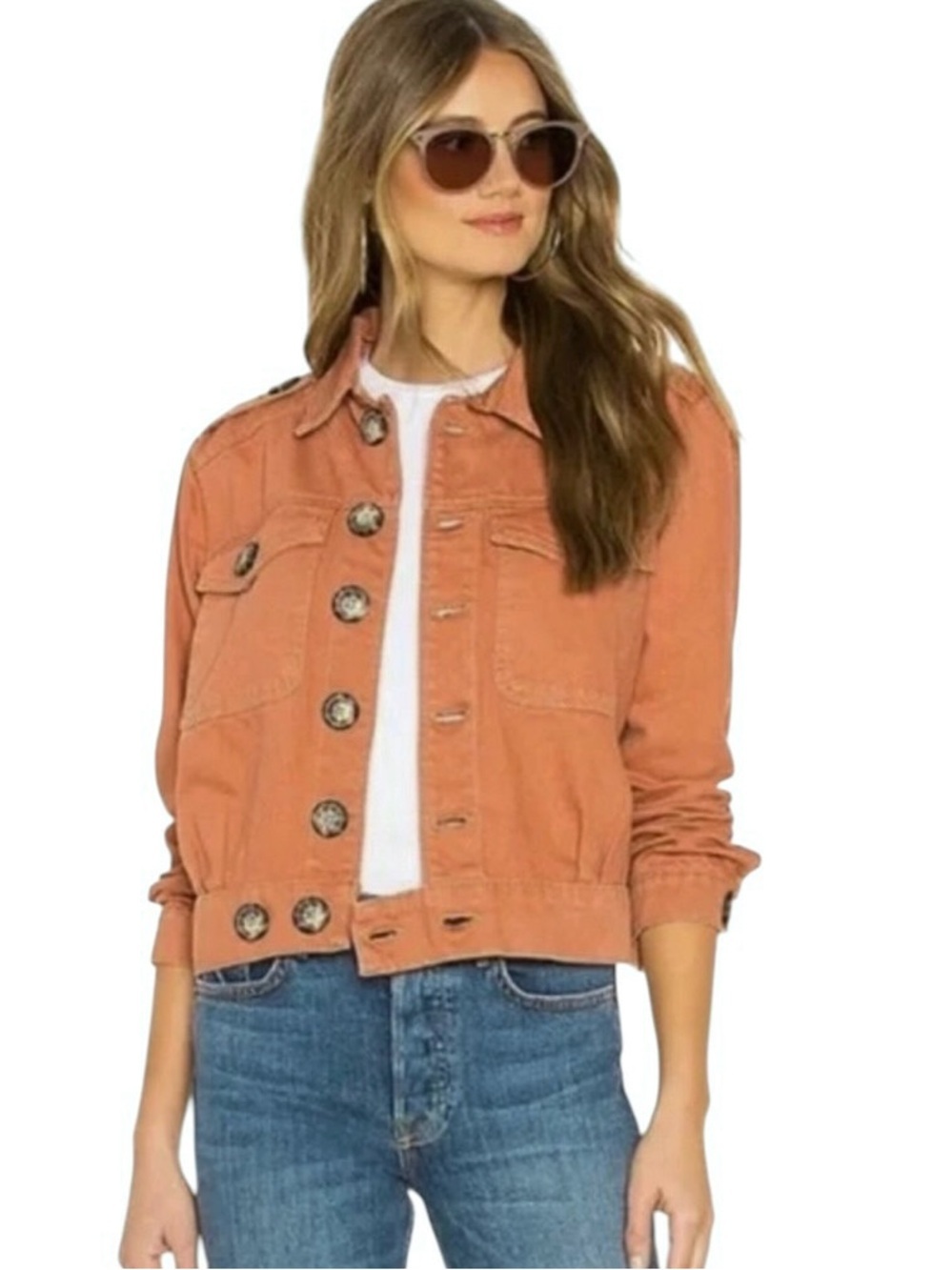 Free People 100% Cotton Eisenhower Denim Button Up Fall Jacket Terracotta Size S
